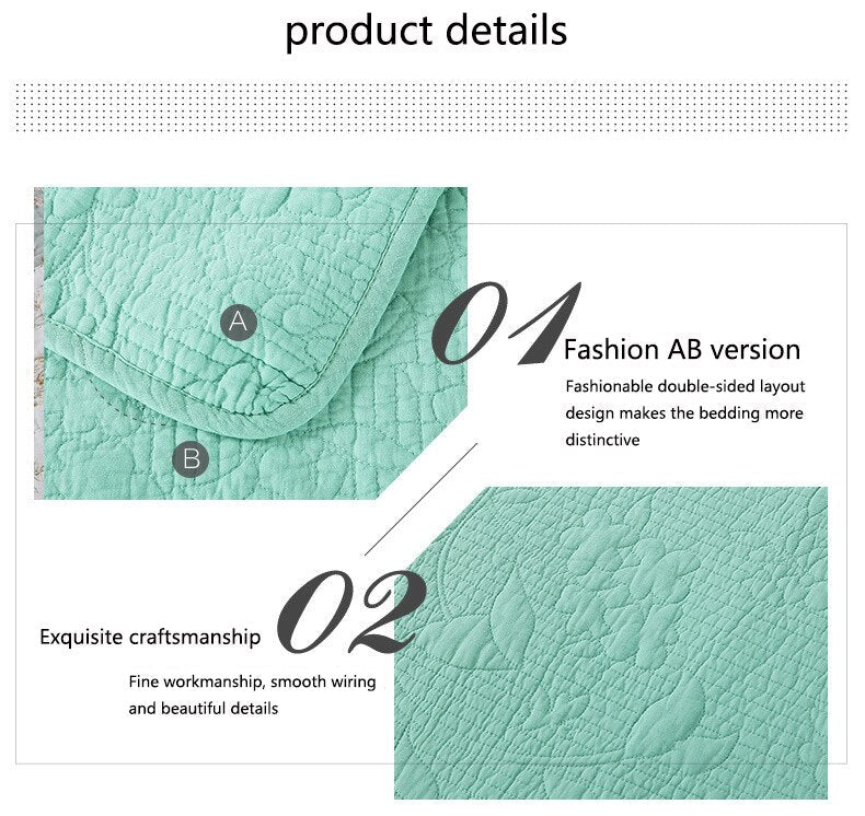 Yeknu Double Bed 100% Cotton Pure Green 3pcs Printed Quilted Quilt Pillowcase Free Shipping