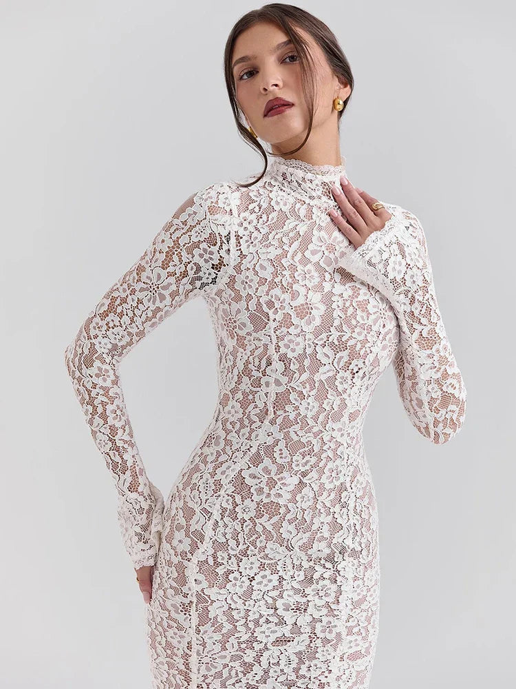 qgtao Lace Long Sleeve Sexy Midi Dress For Women Elegant White Half High Collar High Waist Bodycon Club Party Sexy Long Dress
