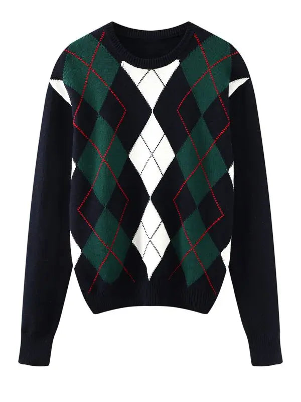 Sweet Girls Vintage Knitted Argyle Sweaters 2024 Early Autumn Fashion Ladies Pullovers Cute Women Chic Sweater Streetwear
