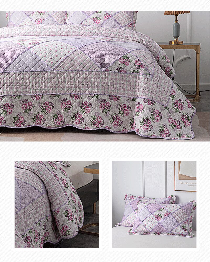 Yeknu Single Double Bed 100%Cotton Purple 3pcs Printed Quilted Quilt Pillowcase Free Shipping len?ol de cama casal ?????