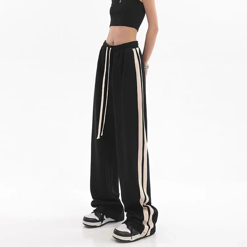 qgtao Striped Joggers Sweatpants Bf Hip Hop Women High Waist Wide Leg Sports Pants Street wear Drawstring Baggy Straight Trousers