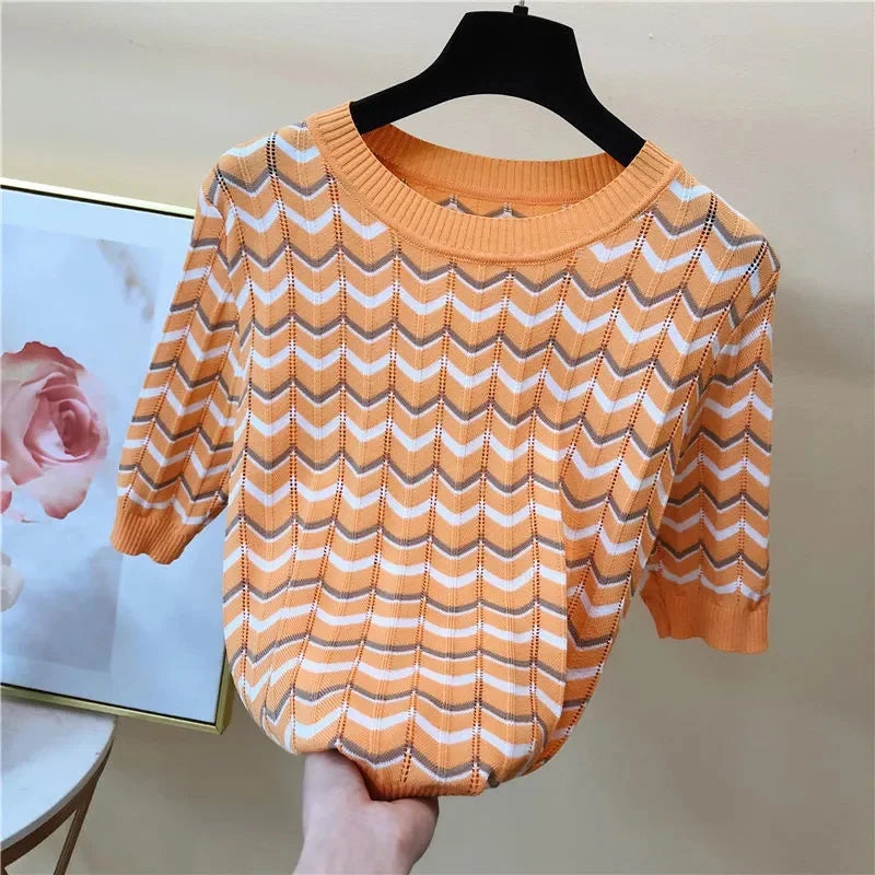 Casual Hollow Out Stripe Knitted Short Sleeve Top Women New Summer Thin Short T-shirt Korean Fashion Plus Size 4xl O-neck Female