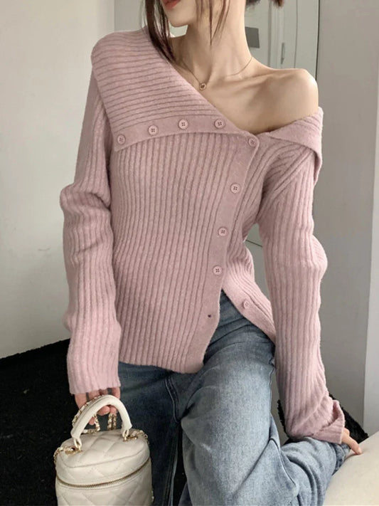 UCXQ Winter Women's Sweater 2024 New Versatile Sexy Coats Solid Irregular Off Shoulder Knitted Cardigan French Retro Knitwears