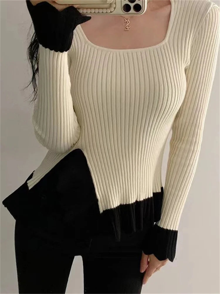 Tossy Ruffled Patchwork Vintage Pullover Sweater For Women Ribbed Contrast Elegant Long Sleeve Loose Knit Female Pullover 2024