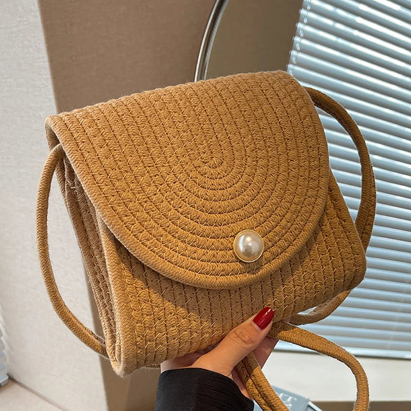 qgtao Summer New Straw Small Square Bag Fashion Pearl All-match Colorful Dot Crossbody Bag Women's Popular Braided Handmade Beach Bag