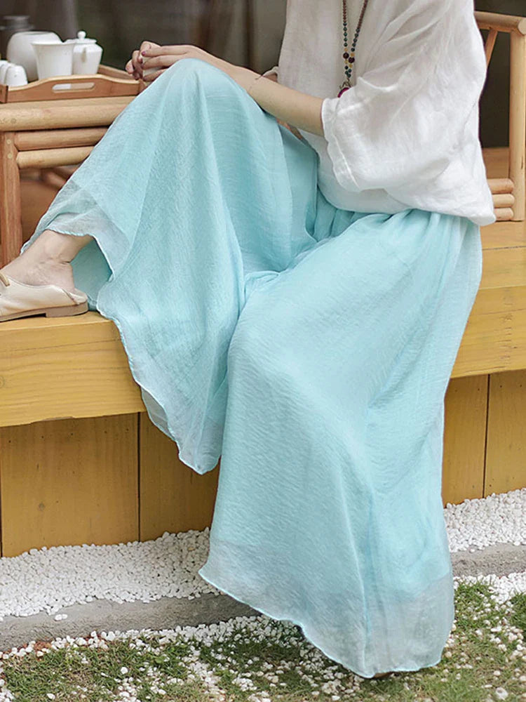 qgtao Women Elegant Solid Cotton Pants Korean Summer Retro High Waist Two Layer Wide Leg Pant Long Boho Trousers Female