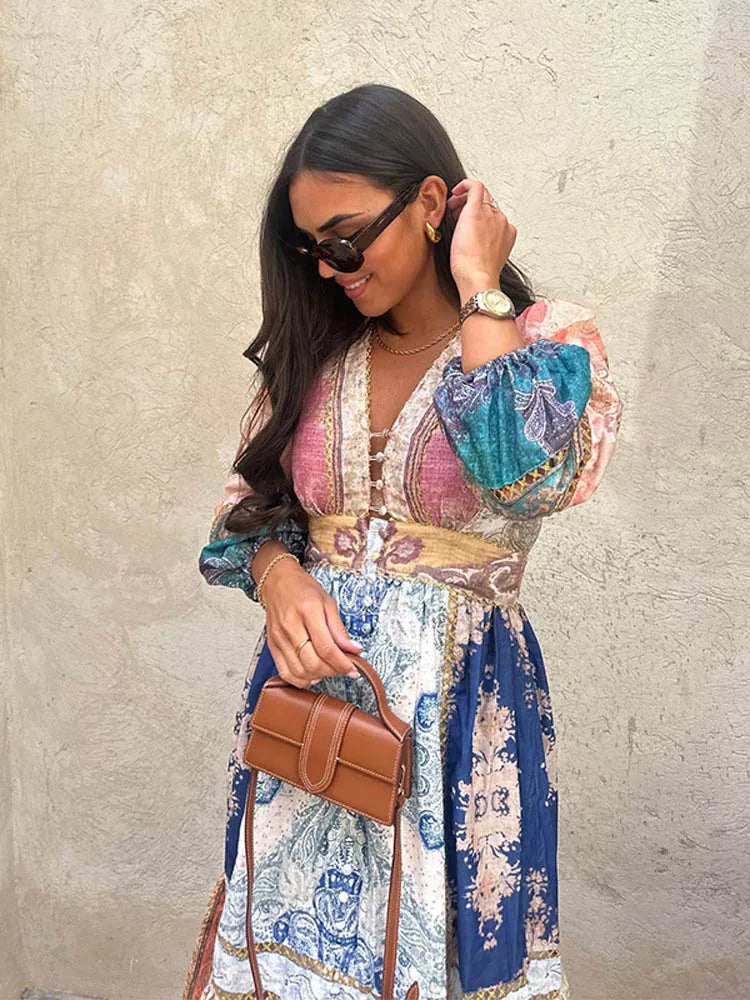 qgtao Vintage Print Lantern Sleeves Maxi Dress Women Elegant V-neck High Waist A-line Dresses 2024 Casual Vocation Streetwear Vestidos