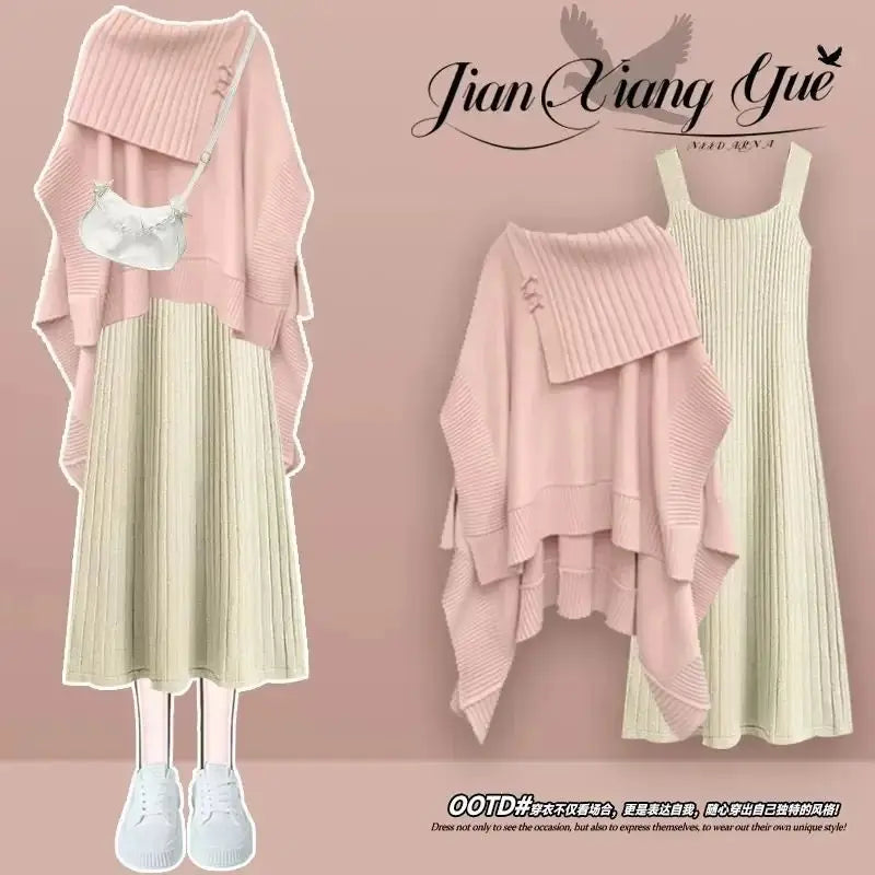 qgtao Korean Fashion Winter Suit Female New Plus Size Women Maillard Personality Loose Knit Sweater Shirt Dress Two-piece Y2k Clothes