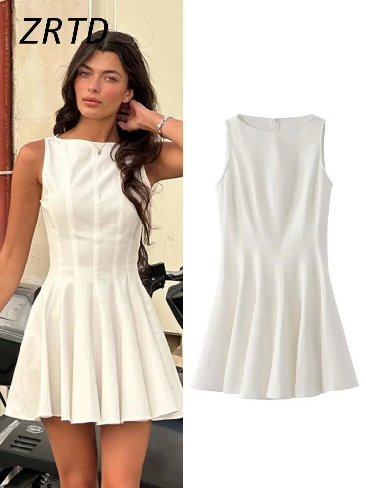 qgtao Elegant Pleated Mini Dress Women Slim O-neck Sleeveless High Waist Female Dresses 2024 Summer Fashion Lady High Street Vestidos