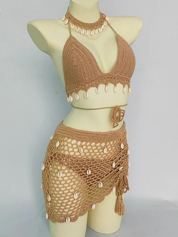 qgtao 4 pieces Woman Bikini Set Crochet Shell Tassel Top Sexy Thong Bottom See-Through Hollow Out Bandage High Waist Short Beach Skirt