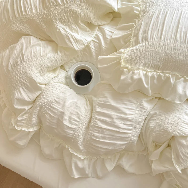 Yeknu Ins Style Korean Lace Seersucker Washed Cotton 4-piece Bed Sheet Quilt Cover Solid Color Duvet Cover For Girl Spring Decor Home