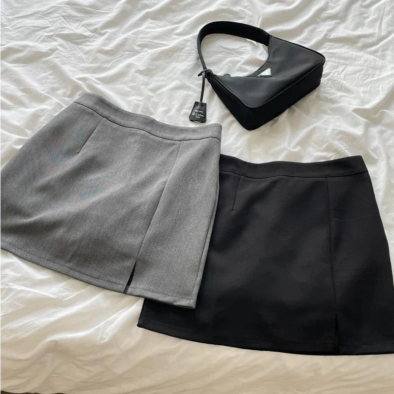 HOUZHOU Grey Mini Skirt Women Summer Vintage Streetwear High Waist A-line Split Gyaru Bodycon Pencil Skirt Korean Style Casual