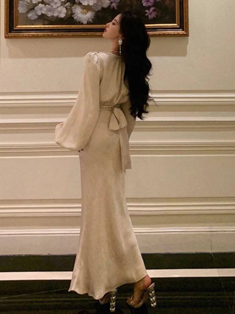 qgtao Elegant Satin Midi Dresses for Women Lantern Sleeve V-neck Lace-up Bodycon Mermaid Evening Party Dress Prom Robe Autumn Vestidos