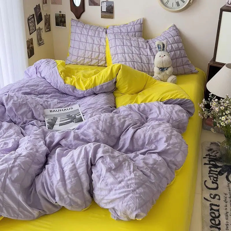 Yeknu Seersucker Princess Girls Bedding Set Duvet Cover Korean Four PIECE Washed Cotton Bed Sheet Cover Quilt Set