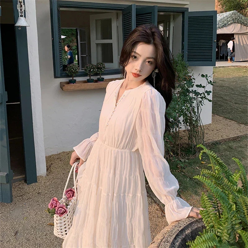 qgtao-Elegant Chic Women White Midi Dress for Autumn 2023 New Chiffon Puff Long Sleeve V-neck Casual Office Lady Cute Fairy Dress