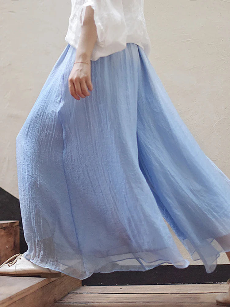 qgtao Women Elegant Solid Cotton Pants Korean Summer Retro High Waist Two Layer Wide Leg Pant Long Boho Trousers Female