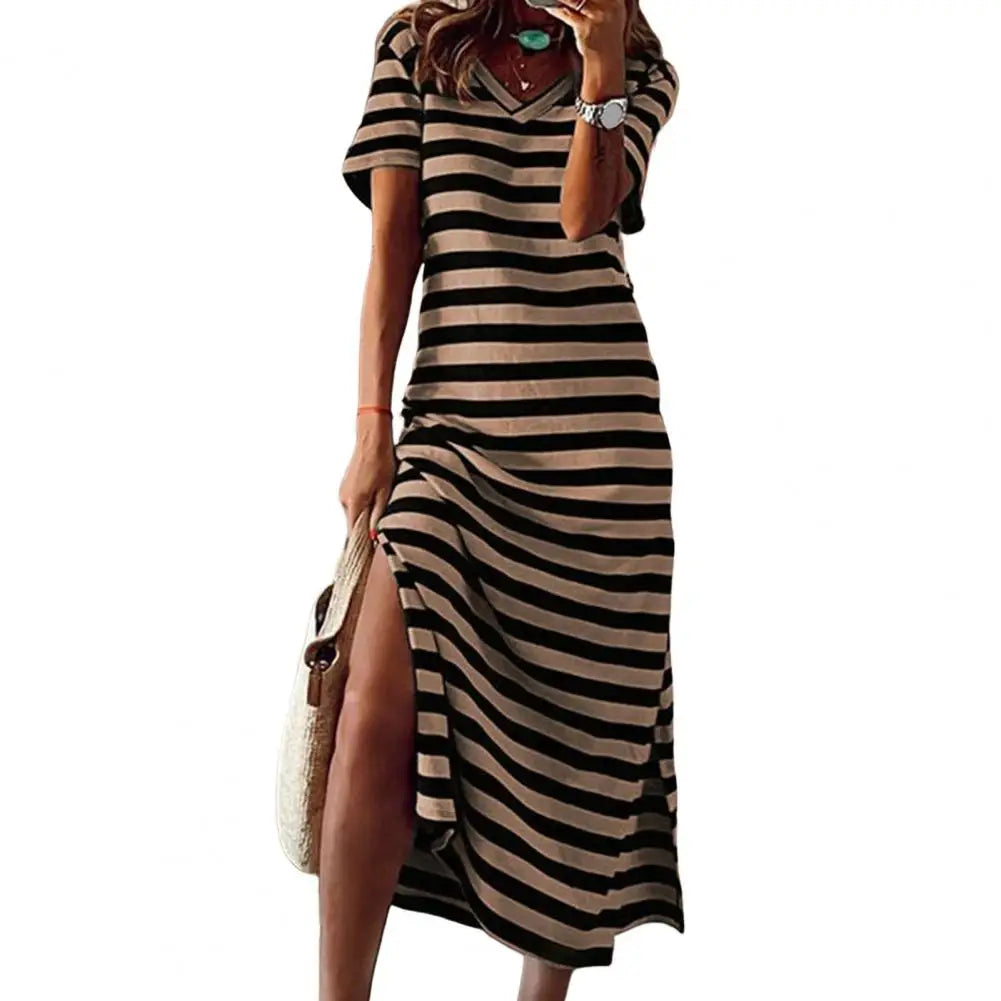 qgtao Summer Dresses 2024 Woman Plus Size Dresses For Women Casual Stripe Print V-neck Short Sleeve Loose Long Dress Robe Femme