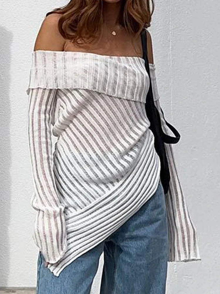 qgtao Off Shoulder T-Shirt Women Summer Long Sleeve Tops Female Elegant Hollow Out Knitted Tee Ladies White Sexy Slash Neck