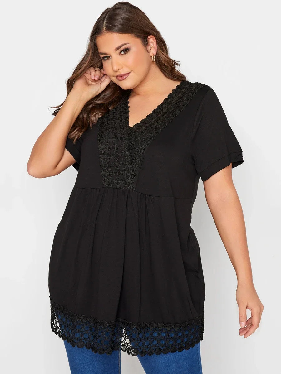 qgtao Plus Size Summer Elegant Peplum Tunic Women Short Sleeve Lace Panel V-neck Casual Blouse Top Plus Size Women Clothing 5XL 6XL