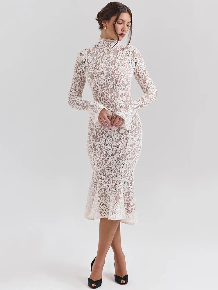 qgtao Lace Long Sleeve Sexy Midi Dress For Women Elegant White Half High Collar High Waist Bodycon Club Party Sexy Long Dress