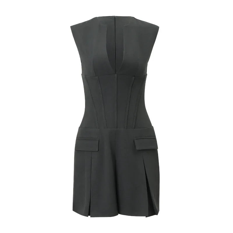 qgtao Women Sexy Deep V Neck Pleated Dress Autumn Fake Pocket Sleeveless Bodycon Dresses 2024 Y2K New Female High Street Vestidos