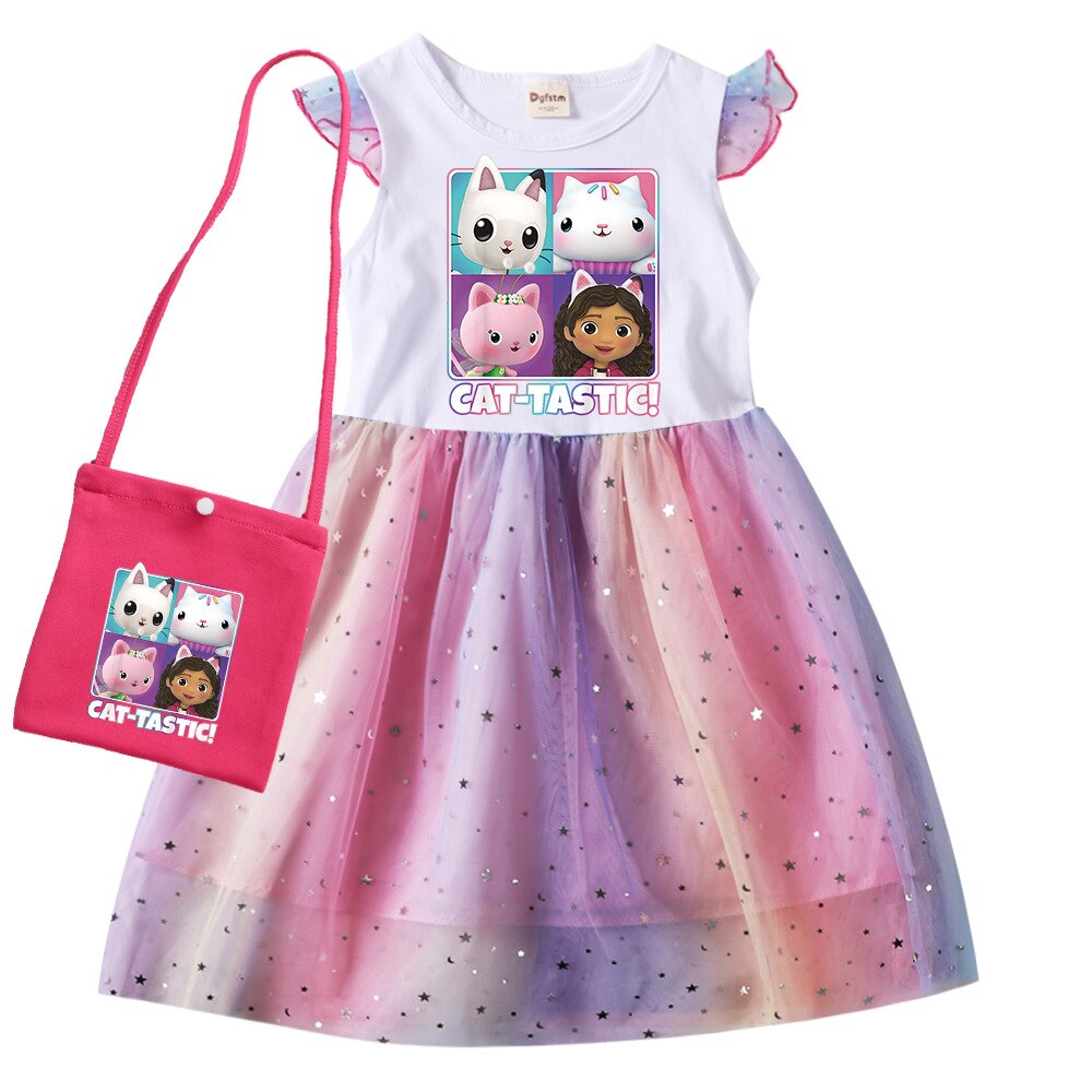 Gabbys Dollhouse Clothes Baby Girls Sleeveless Dresses with Small Bag Kids Cartoon Cats-tastic Wedding Party Princess Vestidos