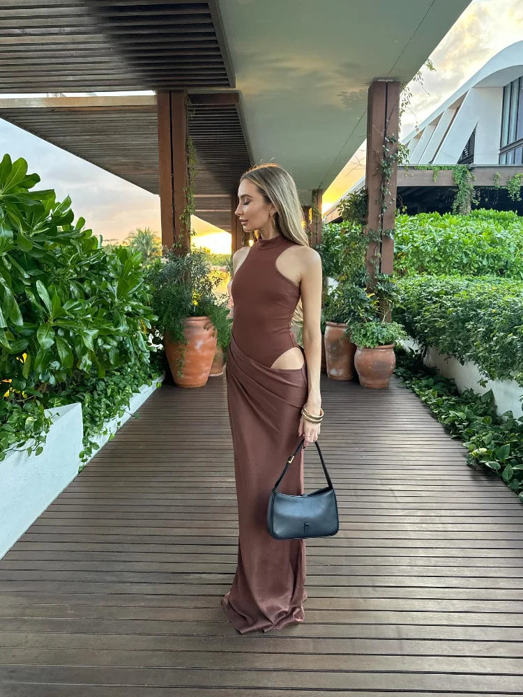 qgtao Sexy Solid Fold Sleeveless Maxi Dress Elegant Half High Collar High Waist Bodycon Long Dresses 2024 Lady Vacation Party Vestidos