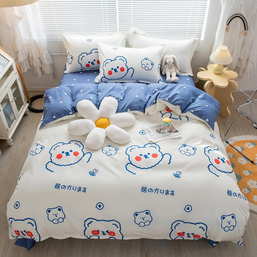 Yeknu Cartoon Pattern 4-Piece Flat Sheet Quilt Cover Pillow Case Family Bed Sheet Children's Bedding Set 4-Piece Set