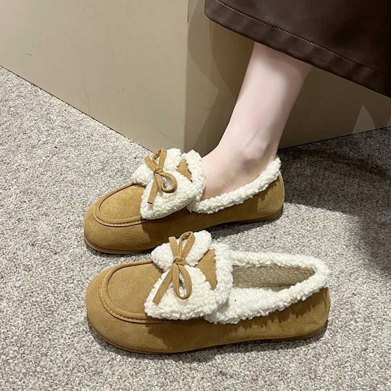 qgtao Bow Fur Women Cotton Shoes Flats Loafers Warm Snow Boots 2024 New Winter Casual Suede Shoes Fashion Short Plush Zapatillas Mujer