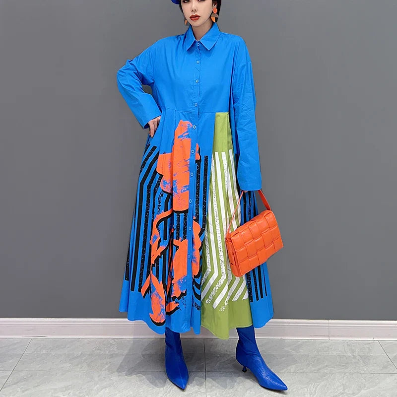 qgtao Big Size Loose Fit Chic New Autumn Woman Long Sleeve Black Blue Print Striped Shirt Dress Korean Style Casual Large Robe JJXD377