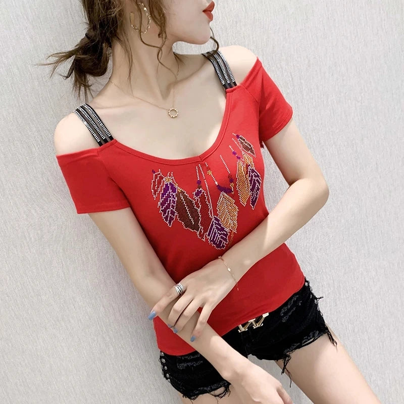 Runway Fashion European Women's Clothes Sexy Off Shoulder Letter Shiny Diamonds T-Shirts Luxury Brand Mesh Tees Tops Blouse