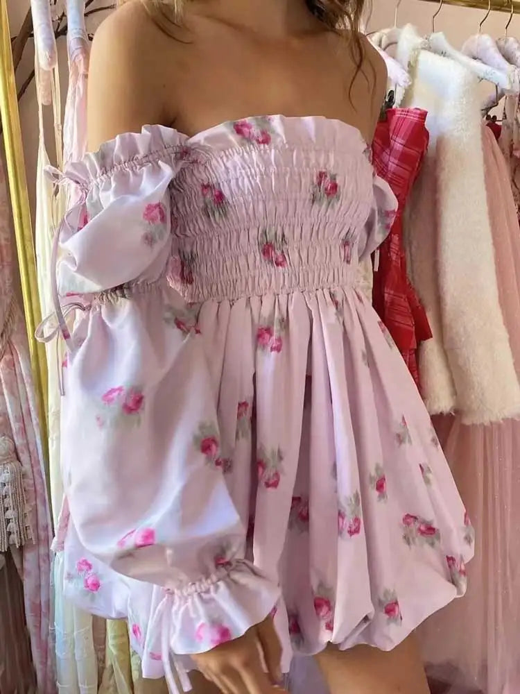 qgtao Boho Inspired satin Smocked Puff Sleeve Bubble Mini Dress floral print party girl dress 2024 summer dressse sexy women dress
