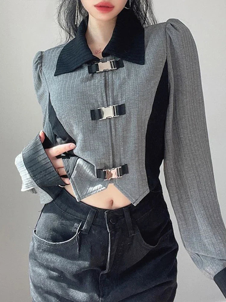 qgtao Y2k Aesthetic T-shirts Women Metal Buckle Design Crop Top Ladies Long Sleeve Patchwork Hot Girl Slim Tees