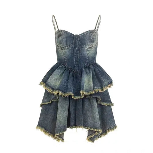 qgtao 2024 Y2k Aesthetic Cocktail Corset Denim Dress Women Vintage Sexy Grunge Ruched Irregular Tunic Mini Slip Dresses Ruffle Vestido