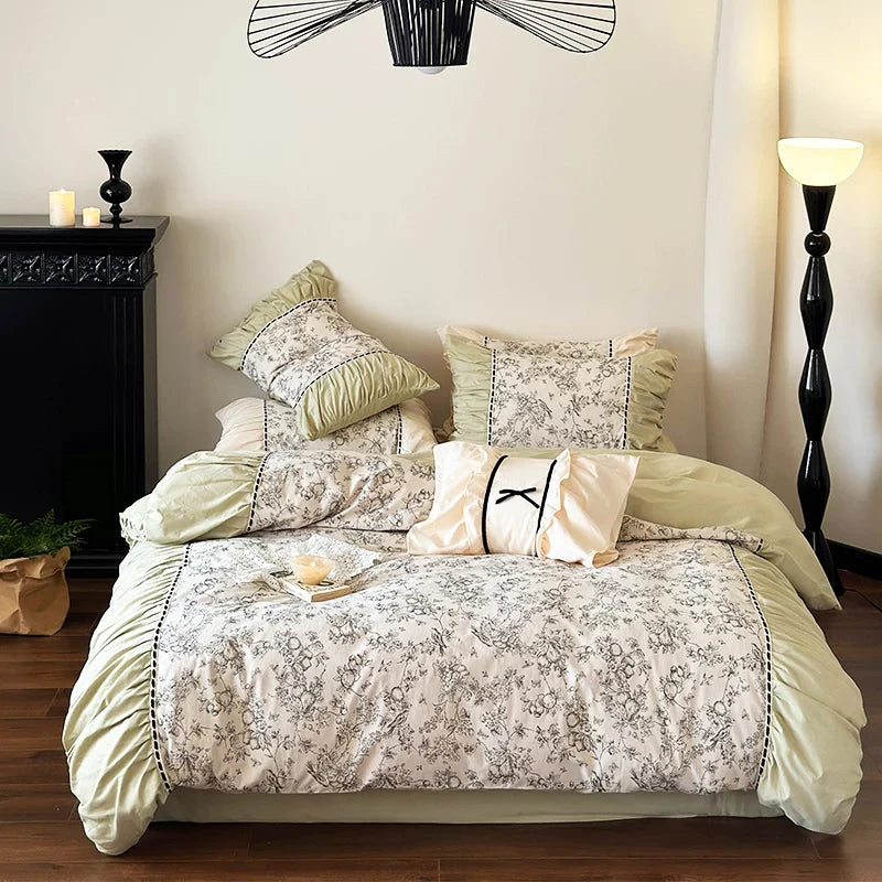 Yeknu Winter 100% Cotton Korean Princess  Bedding Set Thickened Retro French Duvet Cover Sets Flower Bed Skirt  Skin-friendly Fabrics