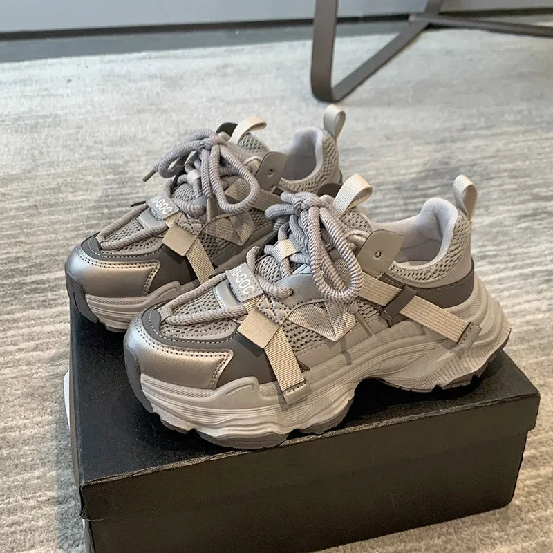 qgtao Women's Chunky Sneakers Spring Breathable Mesh Platform Sports Shoes Woman Fashion Lace Up Thick Sole Casual Shoes Mujer