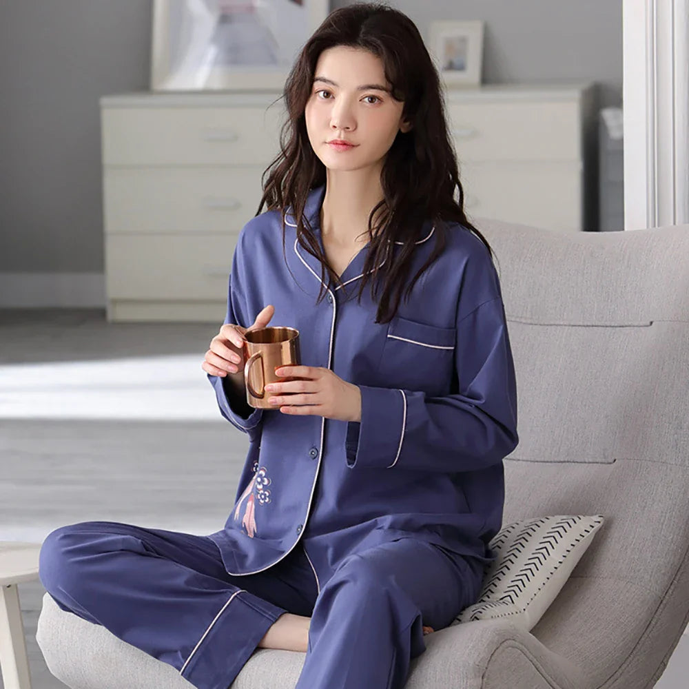 qgtao M-3XL 100% Cotton Elastic Waist Trousers Sets Spring Autumn Print Sleepwear Women's Big Size Pajama Breathable Soft Pijama Mujer