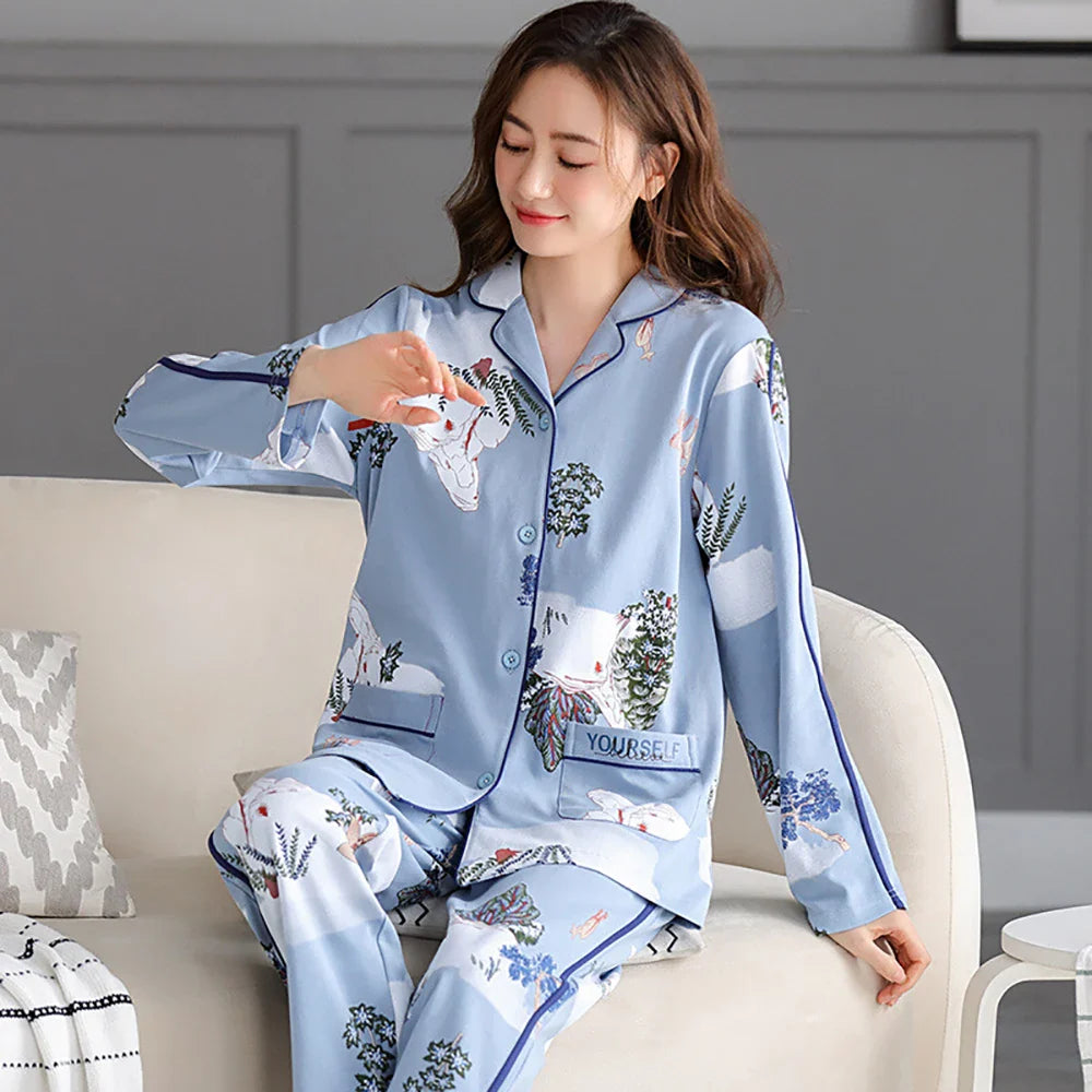 qgtao M-3XL 100% Cotton Elastic Waist Trousers Sets Spring Autumn Print Sleepwear Women's Big Size Pajama Breathable Soft Pijama Mujer