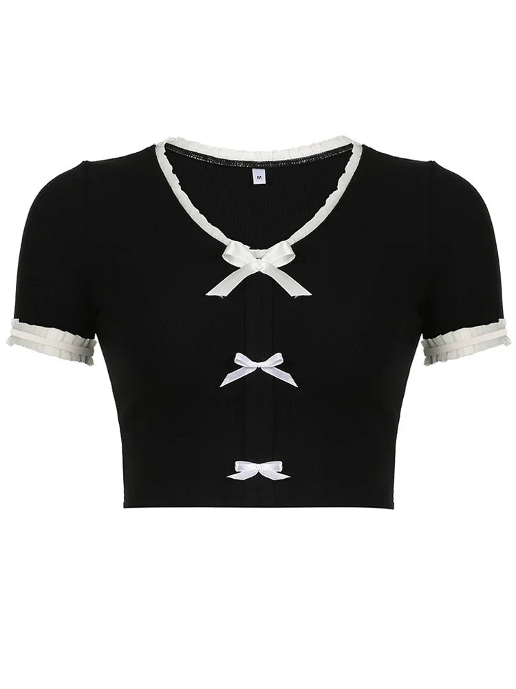 Summer Crop Top Women Y2K Coquette Bow T Shirt Female Vintage Lace Short Sleeve Tee Ladies Sweet Fashion Slim Camisetas Mujer