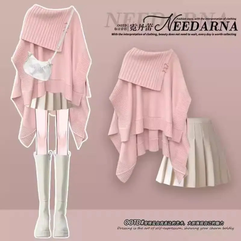 qgtao Korean Fashion Winter Suit Female New Plus Size Women Maillard Personality Loose Knit Sweater Shirt Dress Two-piece Y2k Clothes