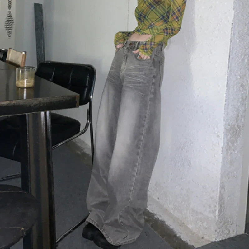 qgtao Y2k Vintage Jeans Women High Waist Baggy Straight Casual Wide Leg Pants Streetwear Fashion Distressed Loose Denim Trousers