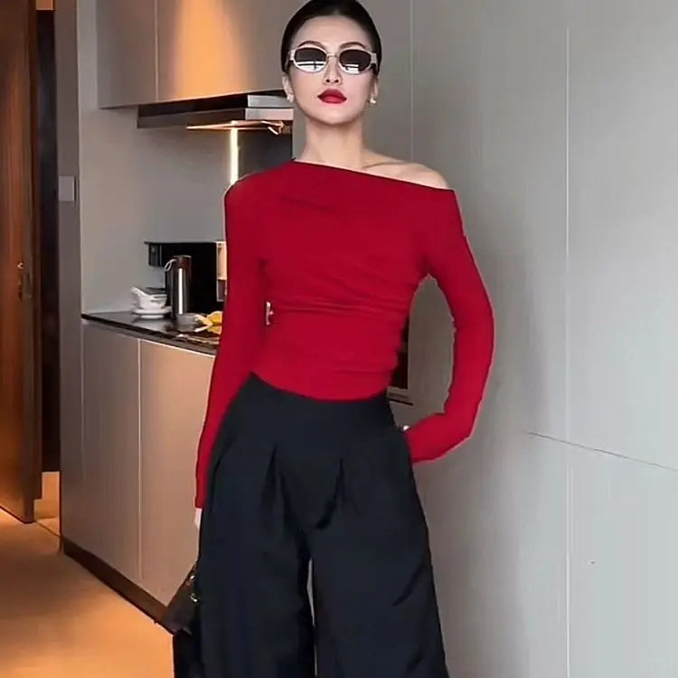 2024 Slim White Tshirt Black Red Woman T-shirt Sexy Plain Clothing Off Shoulder Top for Women Aesthetic Korea Stylish Funny Tee