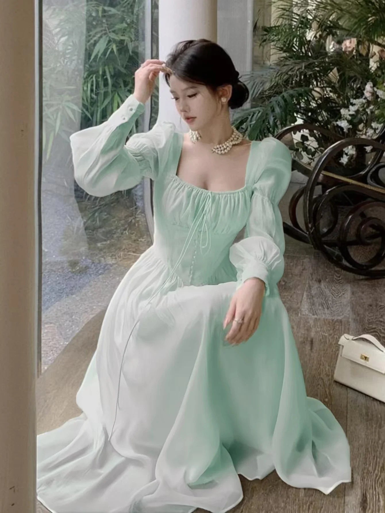 qgtao Autumn New Princess Midi Dresses for Women Square Collar Slim Waist Puff Sleeve Vintage Chic Female Clothing One Piece Vestido