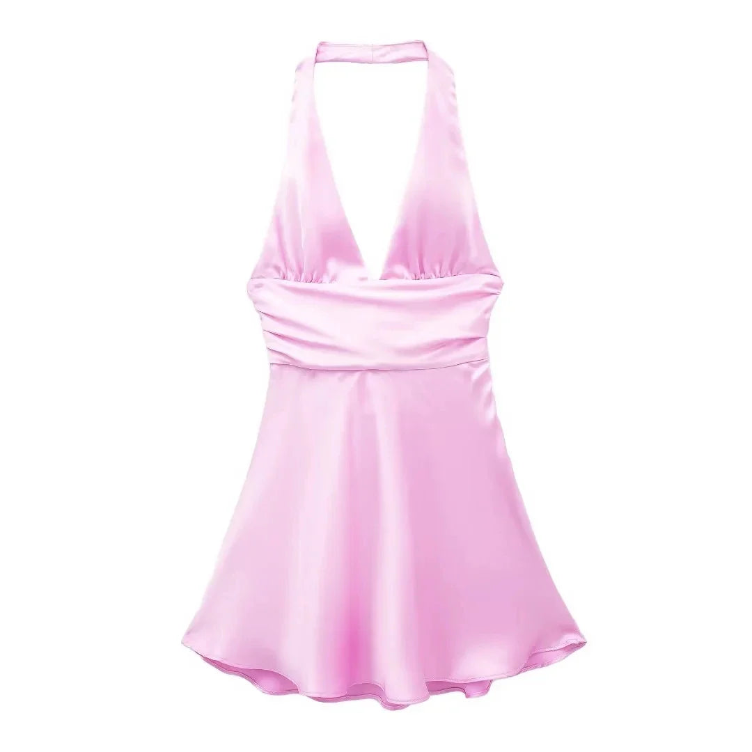 qgtao Dress For Women Fashion Back Bow Lace Up Slim Mini Dress Sexy Backless V Neck Halter Sleeveless Dresses Female Streetwear