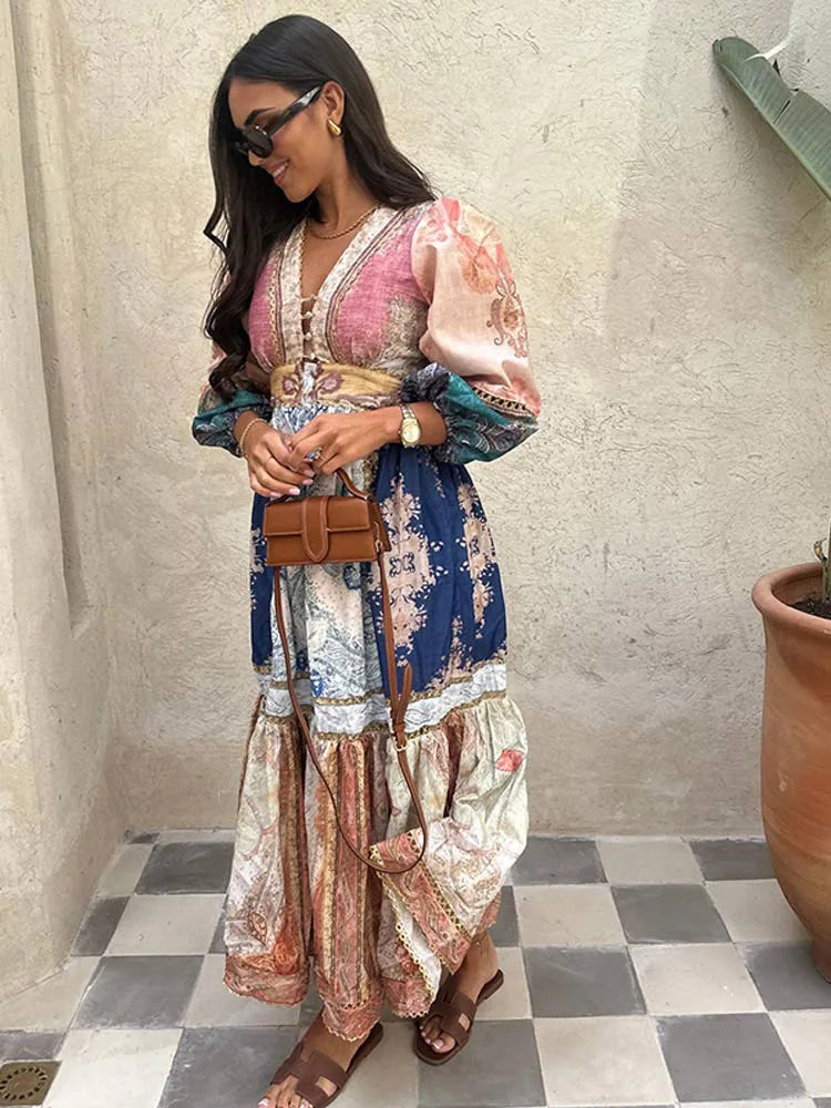 qgtao Vintage Print Lantern Sleeves Maxi Dress Women Elegant V-neck High Waist A-line Dresses 2024 Casual Vocation Streetwear Vestidos