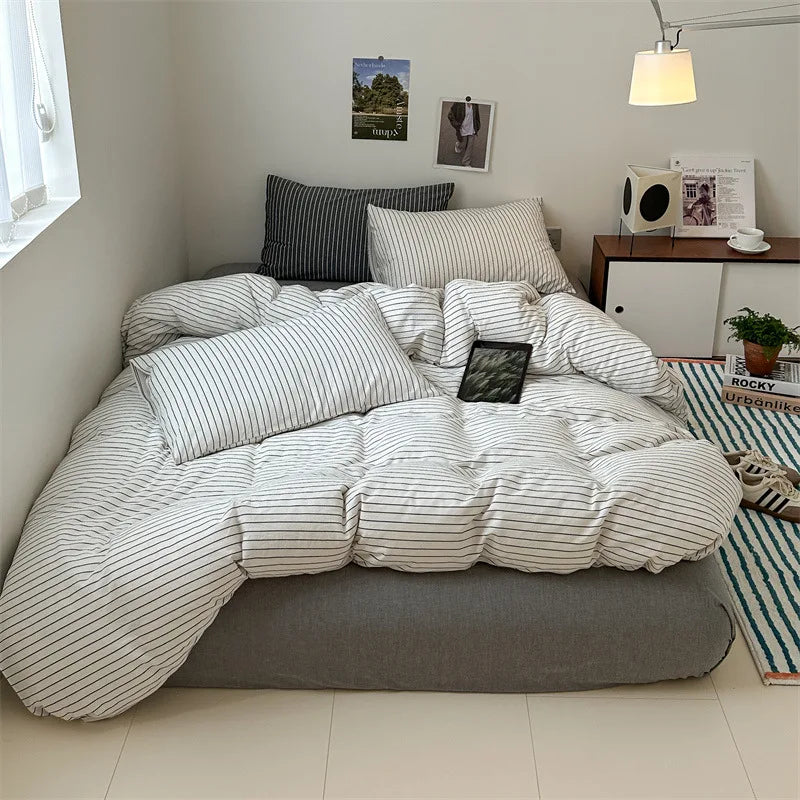 Yeknu Cotton Japanese Duvet Cover Fitted Flat Sheet Pillowcase Set No Filling Single Double King Size Ins Style Bedding Kit