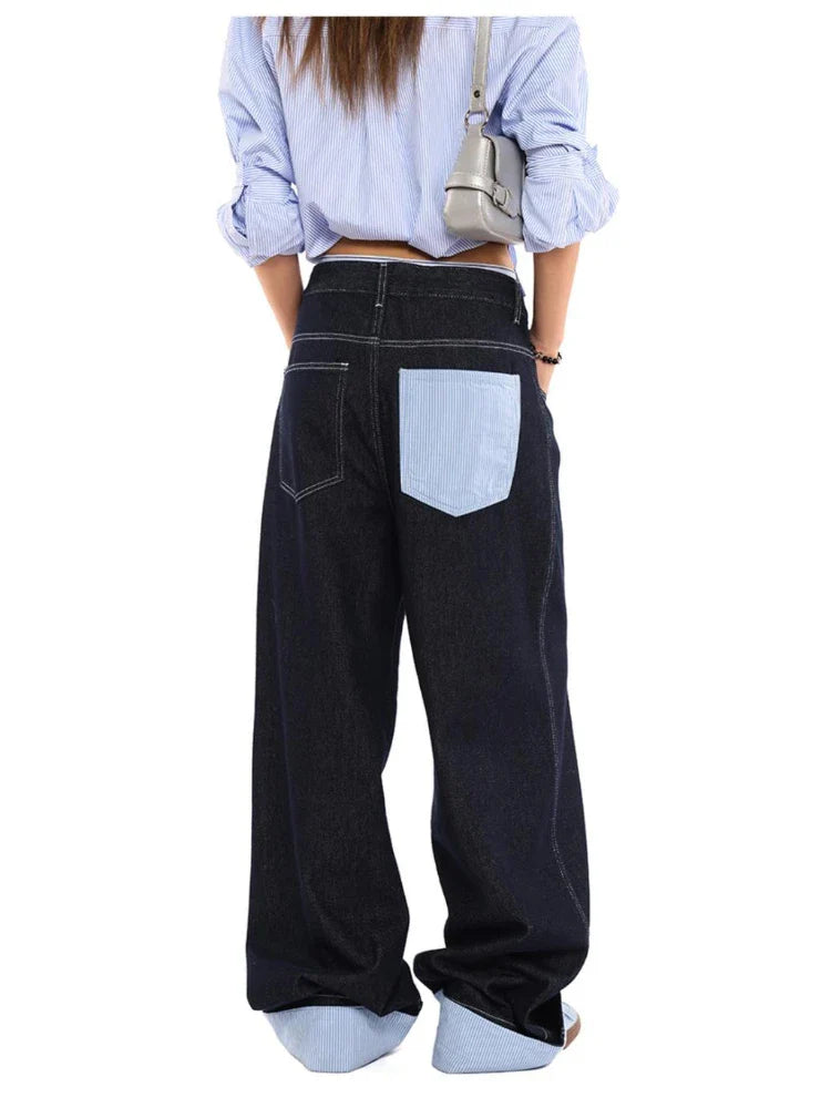 qgtao - Y2k Pink Stripe Patchwork Denim Pants Women Streetwear Vintage Baggy Korean Embroidery Jeans Trousers Harajuku Bottoms