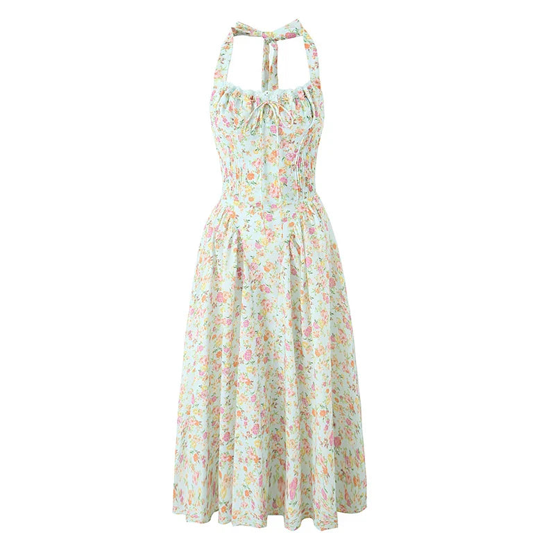 qgtao Lace Trim Floral Print Halter Dress For Women Sexy Backless Low Waist Midi Summer Dresses Holiday Party Robe