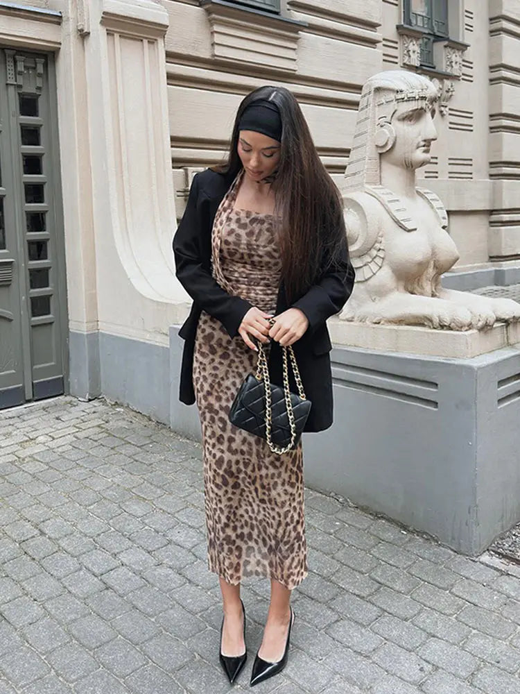 qgtao Chic Leopard Print Top Long Skirt Suits 2 Pcs Set Women Sleeveless Halter Tops Hip Package Slim Skirts Summer New Lady Outfits