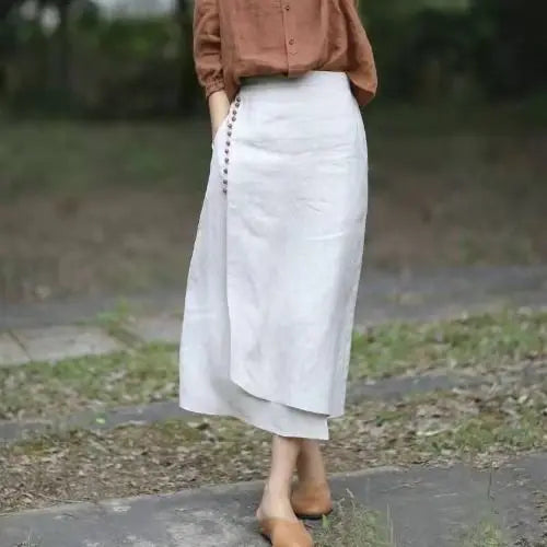 Women's Straight Skirt Spring Summer Cotton Linen A-line Skirt Female Solid Blue White Side Split Vintage Long Skirts Women